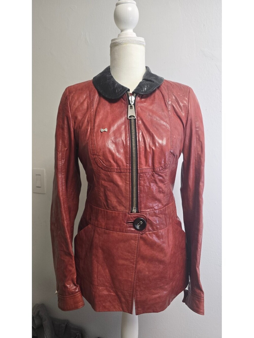 DIVAS Genuine Leather Jacket Red Black Collar Made Turkey